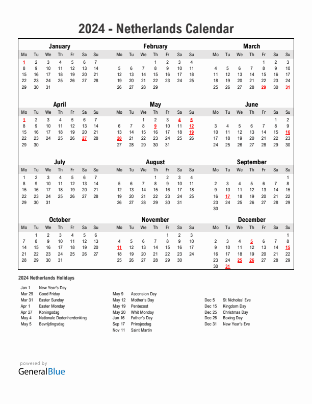 Year 2024 Simple Calendar With Holidays in Netherlands