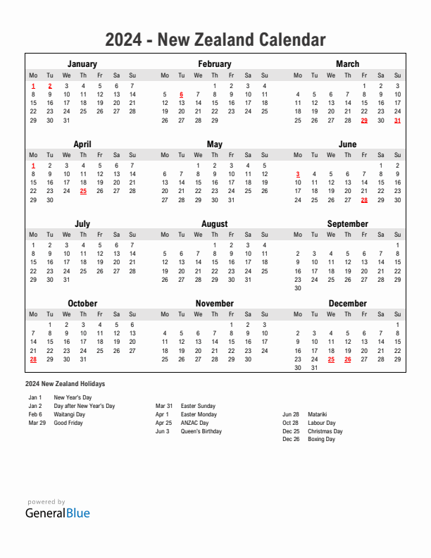 Year 2024 Simple Calendar With Holidays in New Zealand