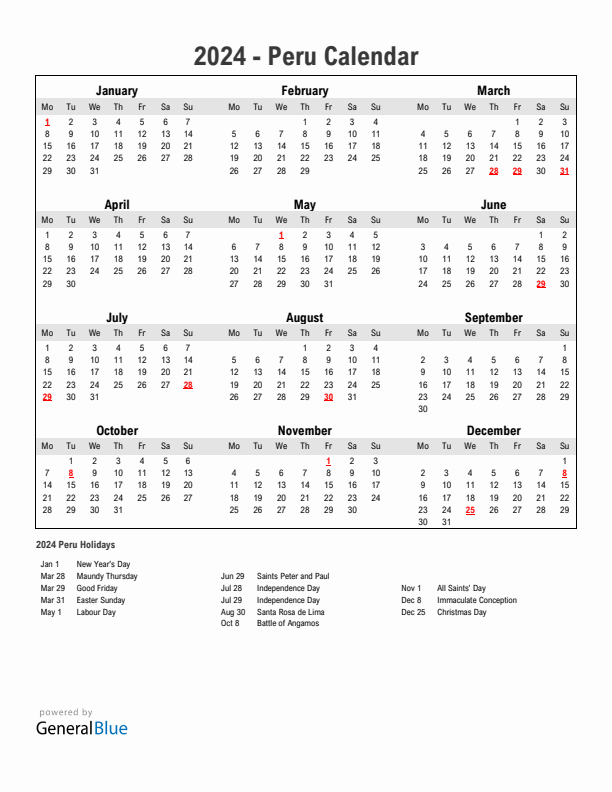 Year 2024 Simple Calendar With Holidays in Peru