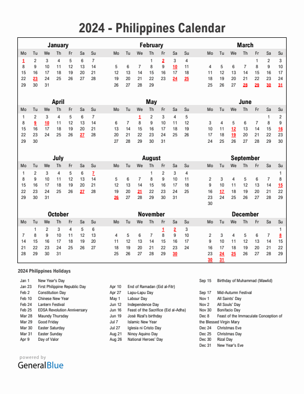 Year 2024 Simple Calendar With Holidays in Philippines