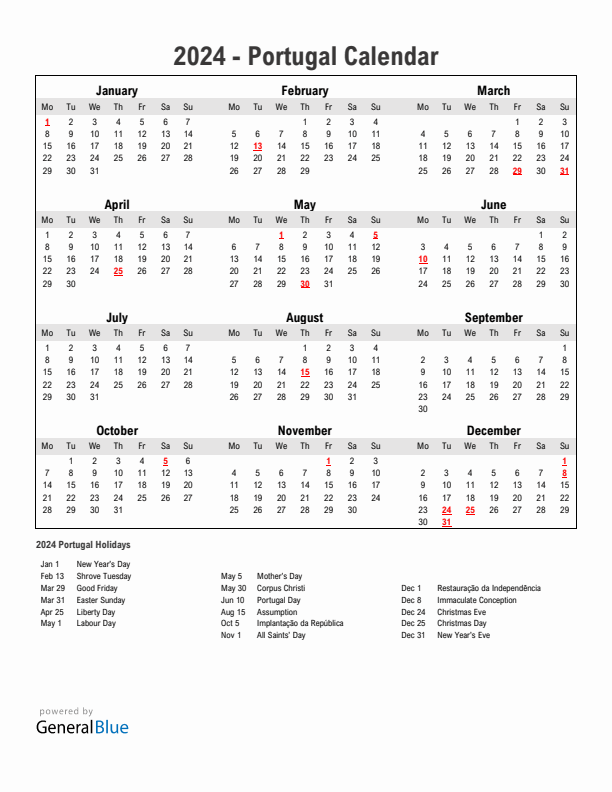 Year 2024 Simple Calendar With Holidays in Portugal