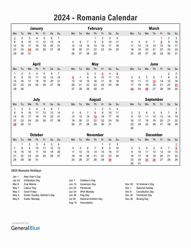 Year 2024 Simple Calendar With Holidays in Romania