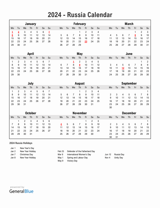 Year 2024 Simple Calendar With Holidays in Russia