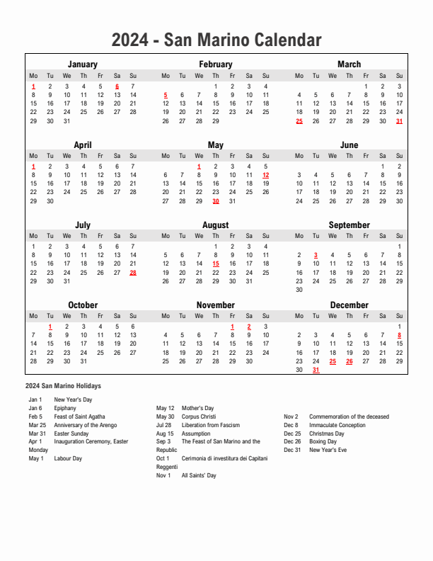 Year 2024 Simple Calendar With Holidays in San Marino