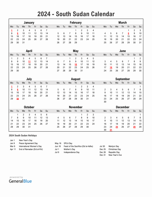 Year 2024 Simple Calendar With Holidays in South Sudan