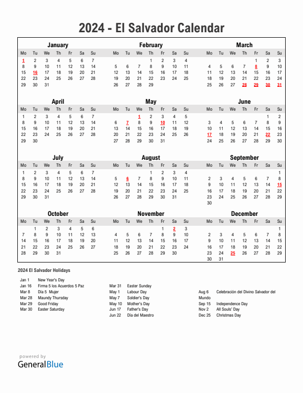 2024 El Salvador Calendar with Holidays