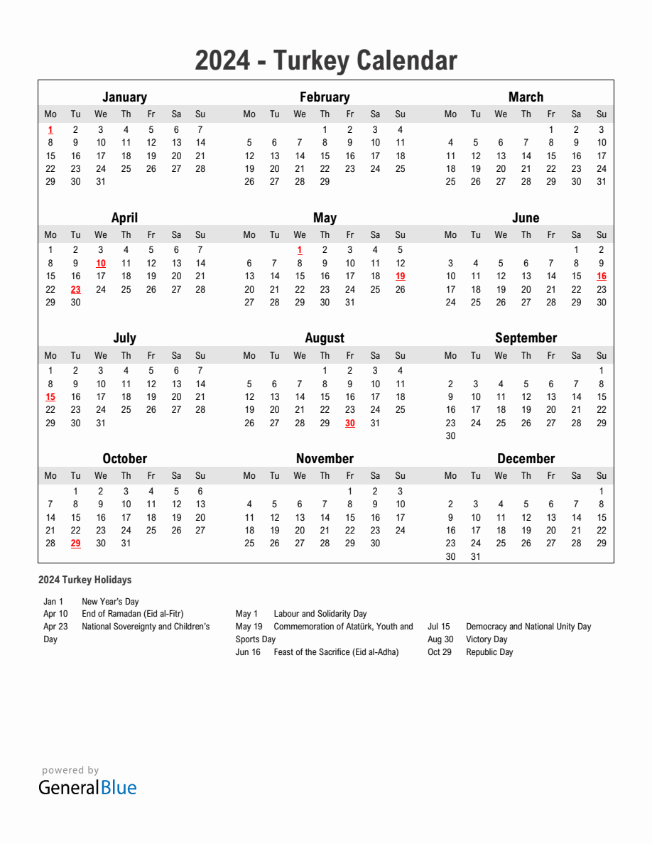 Year 2024 Simple Calendar With Holidays in Turkey