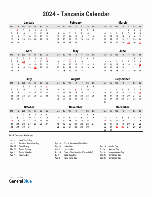 Year 2024 Simple Calendar With Holidays in Tanzania