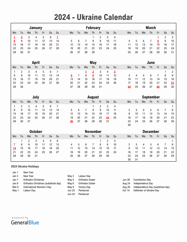 Year 2024 Simple Calendar With Holidays in Ukraine