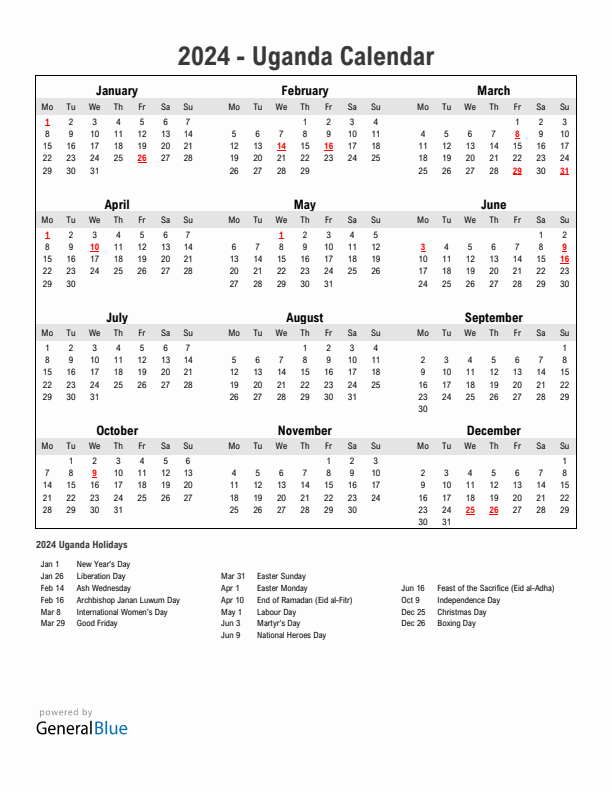 Year 2024 Simple Calendar With Holidays in Uganda