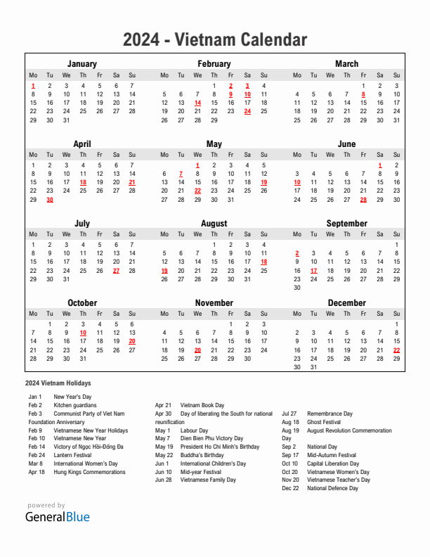 Year 2024 Simple Calendar With Holidays in Vietnam