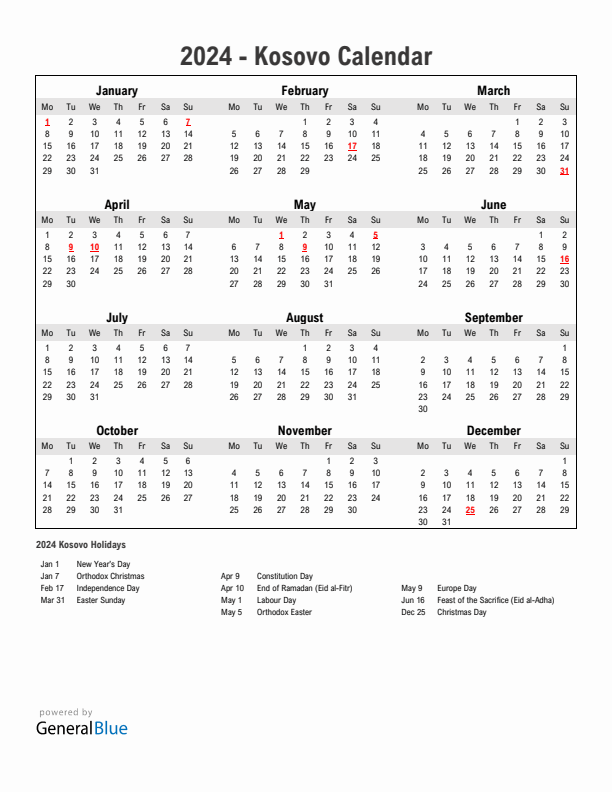 Year 2024 Simple Calendar With Holidays in Kosovo