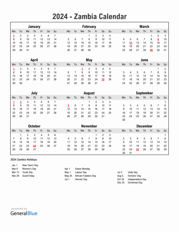 Year 2024 Simple Calendar With Holidays in Zambia