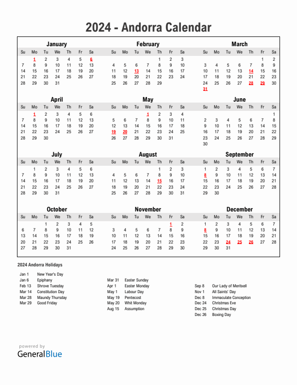 Year 2024 Simple Calendar With Holidays in Andorra