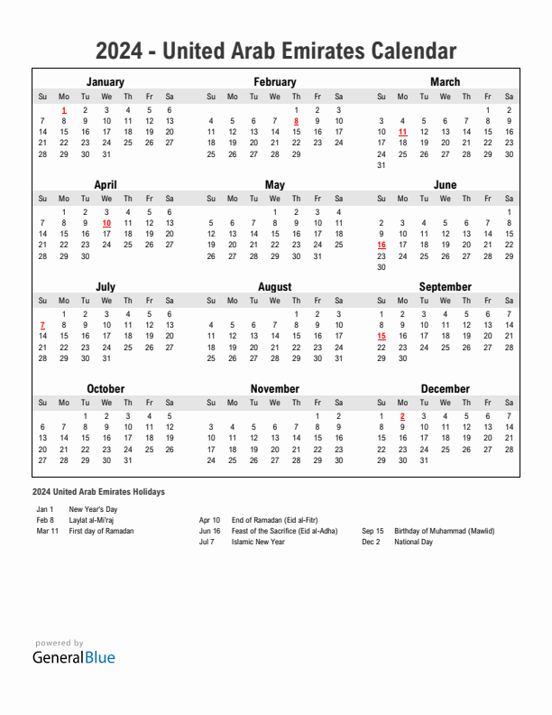 Year 2024 Simple Calendar With Holidays in United Arab Emirates