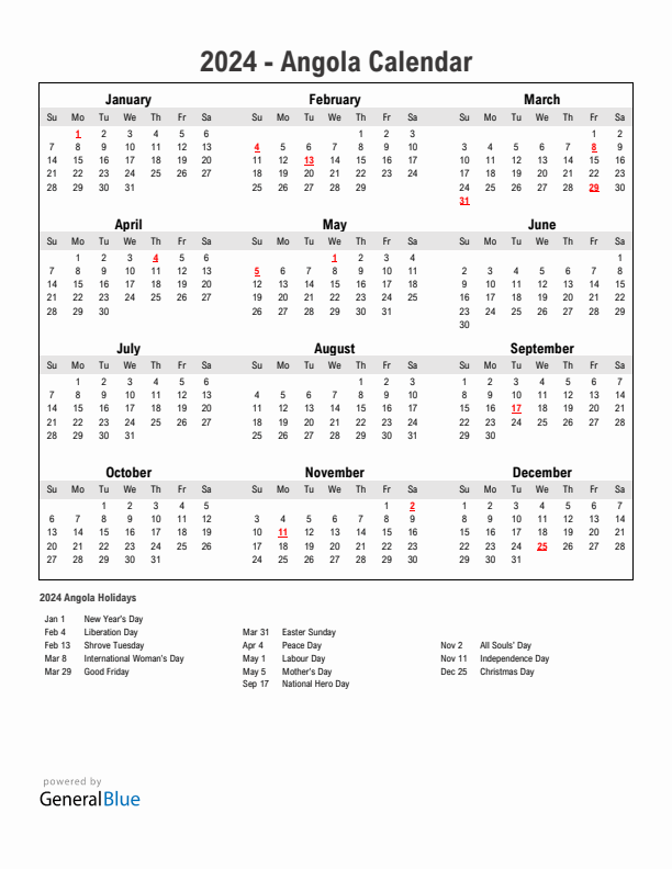 Year 2024 Simple Calendar With Holidays in Angola