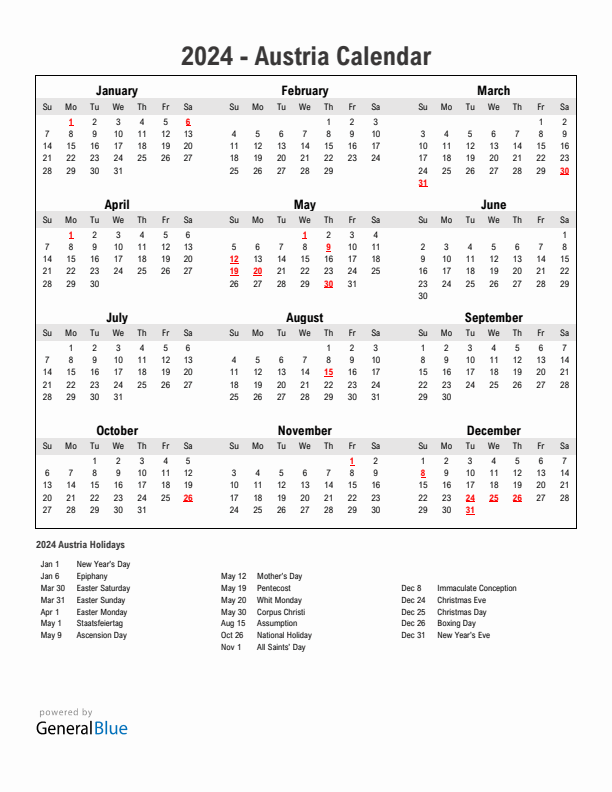 Year 2024 Simple Calendar With Holidays in Austria