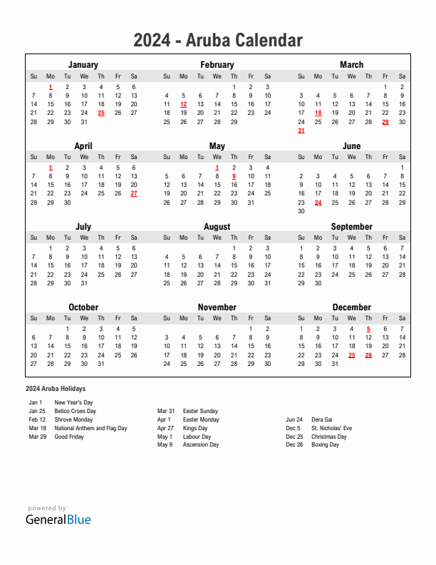 Year 2024 Simple Calendar With Holidays in Aruba