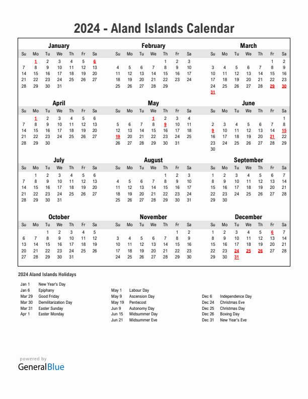 Year 2024 Simple Calendar With Holidays in Aland Islands