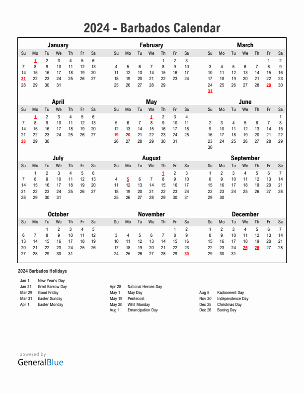 Year 2024 Simple Calendar With Holidays in Barbados