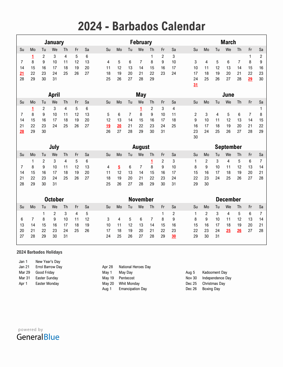 Year 2024 Simple Calendar With Holidays In Barbados   2024 Calendar Simple With Holidays Portrait Sunday Start En Bb 918x1188 