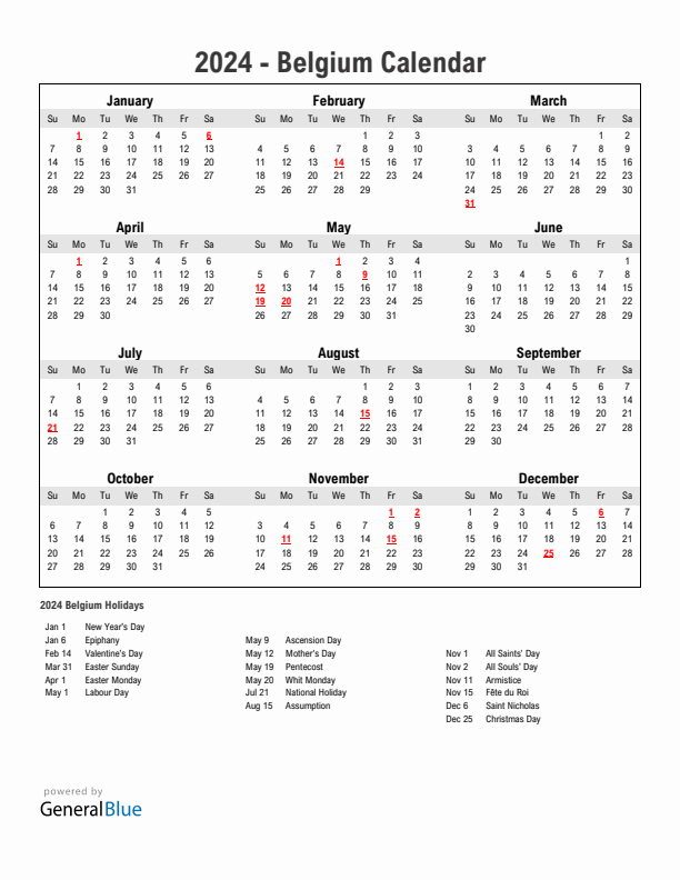 Year 2024 Simple Calendar With Holidays in Belgium