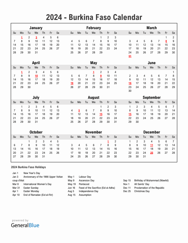 Year 2024 Simple Calendar With Holidays in Burkina Faso
