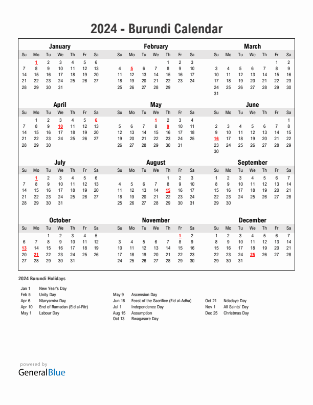 Year 2024 Simple Calendar With Holidays in Burundi