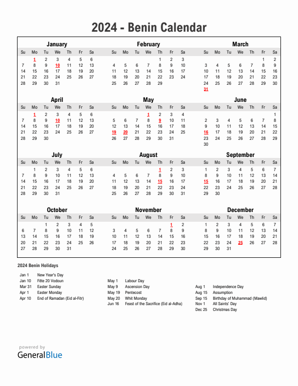 Year 2024 Simple Calendar With Holidays in Benin