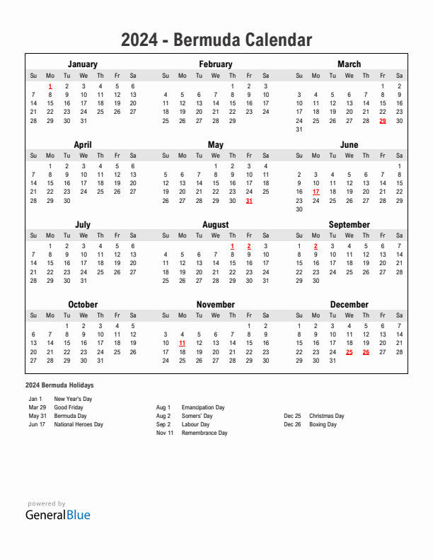 Year 2024 Simple Calendar With Holidays in Bermuda