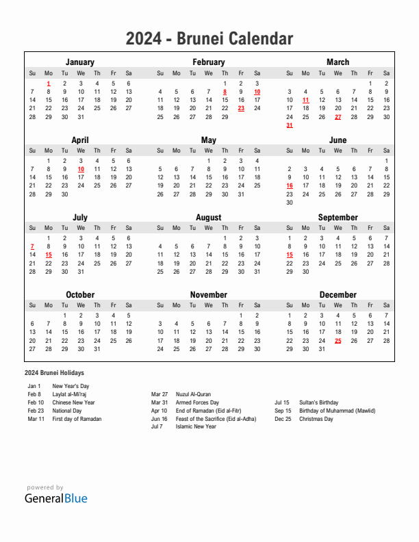 Year 2024 Simple Calendar With Holidays in Brunei