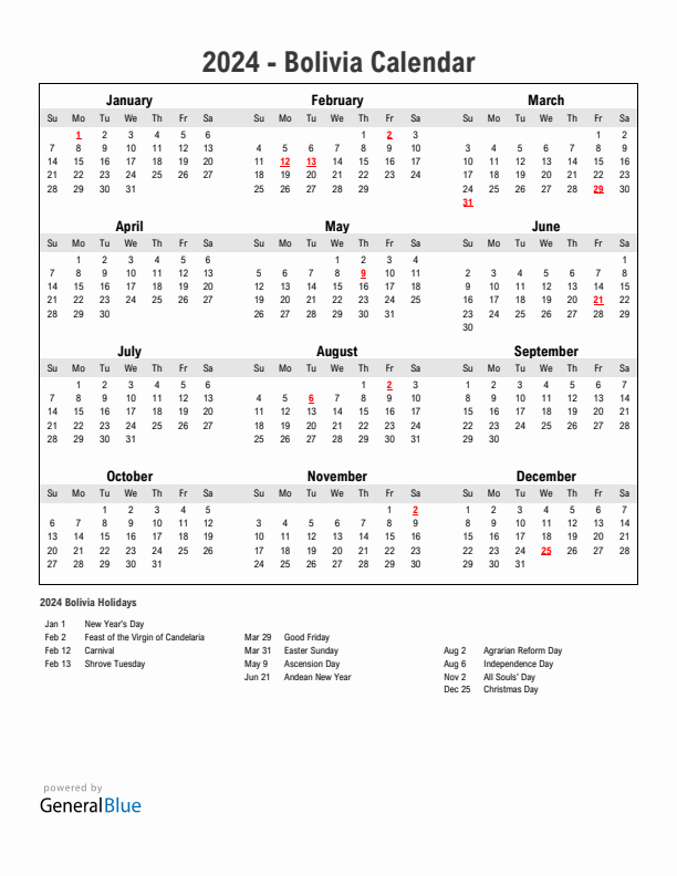 Year 2024 Simple Calendar With Holidays in Bolivia