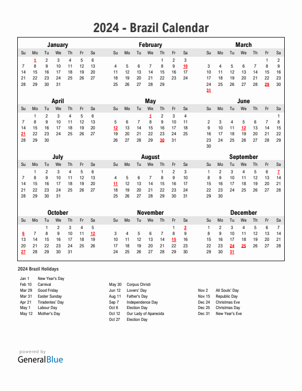 Year 2024 Simple Calendar With Holidays in Brazil
