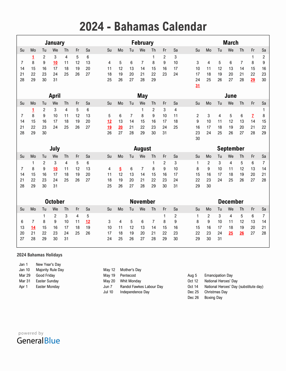 Year 2024 Simple Calendar With Holidays In Bahamas   2024 Calendar Simple With Holidays Portrait Sunday Start En Bs 918x1188 