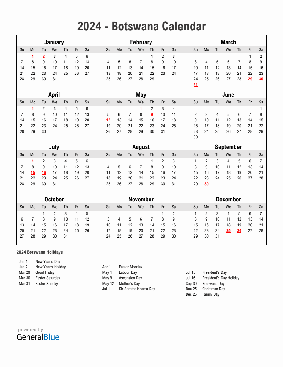 Year 2024 Simple Calendar With Holidays In Botswana   2024 Calendar Simple With Holidays Portrait Sunday Start En Bw 918x1188 