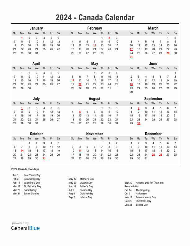 Year 2024 Simple Calendar With Holidays in Canada
