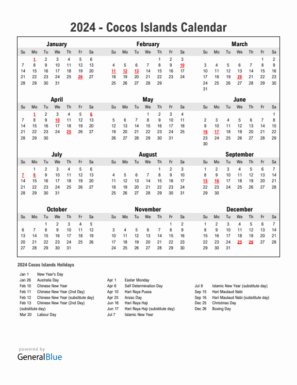 Year 2024 Simple Calendar With Holidays in Cocos Islands