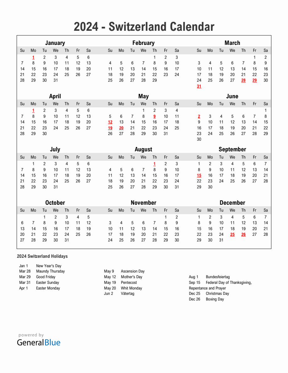Year 2024 Simple Calendar With Holidays in Switzerland