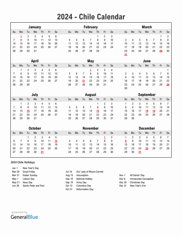 Year 2024 Simple Calendar With Holidays in Chile