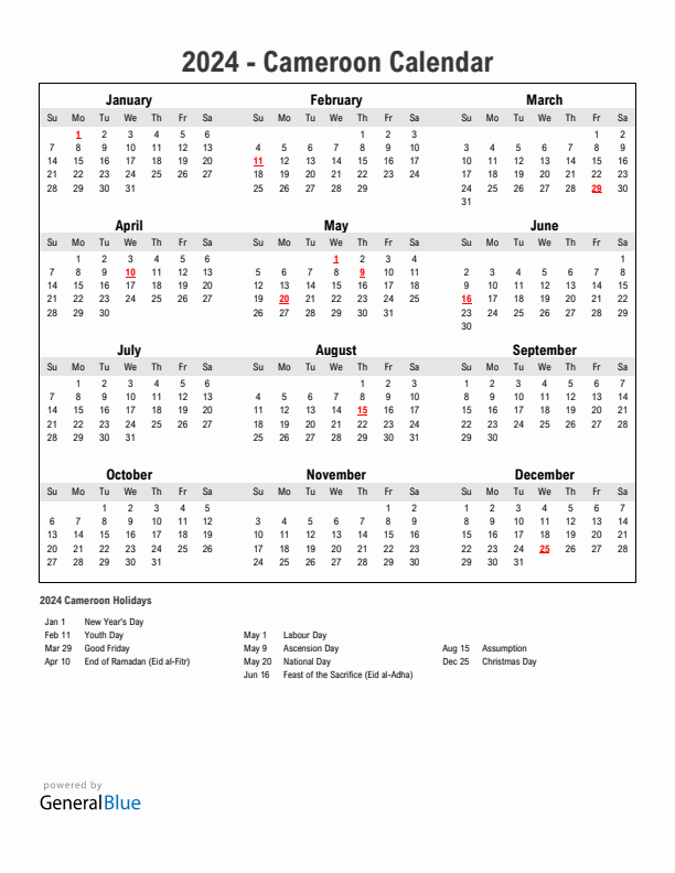 Year 2024 Simple Calendar With Holidays in Cameroon