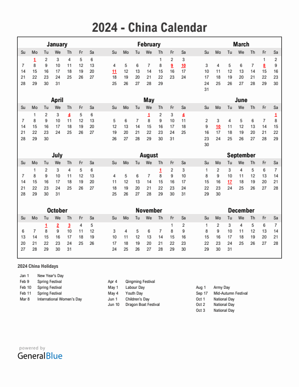 Year 2024 Simple Calendar With Holidays in China