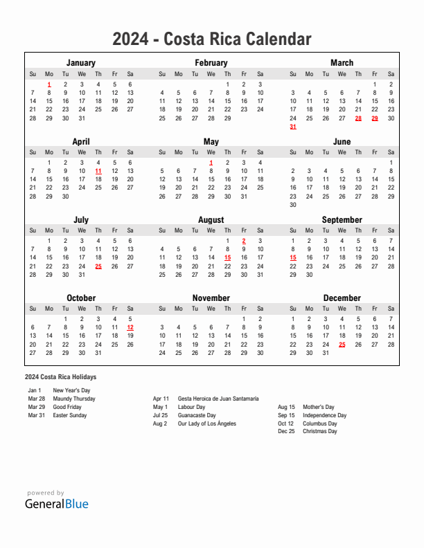 Year 2024 Simple Calendar With Holidays in Costa Rica