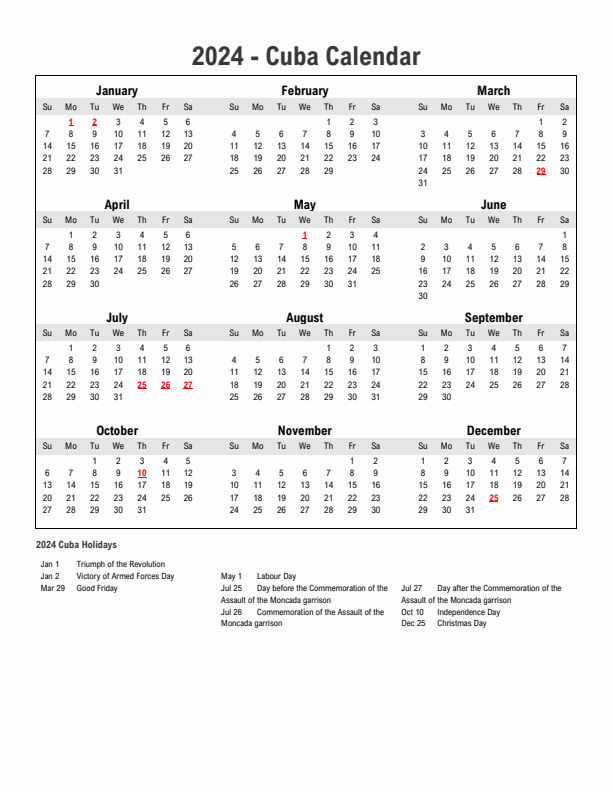 Year 2024 Simple Calendar With Holidays in Cuba