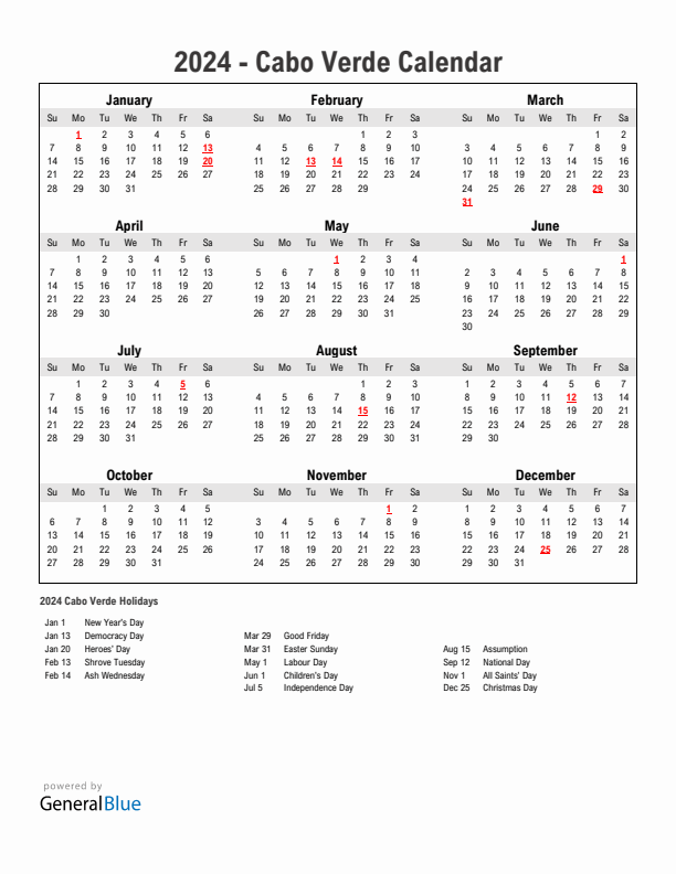 Year 2024 Simple Calendar With Holidays in Cabo Verde