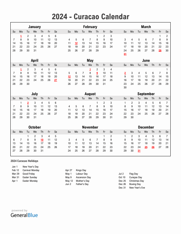 Year 2024 Simple Calendar With Holidays in Curacao