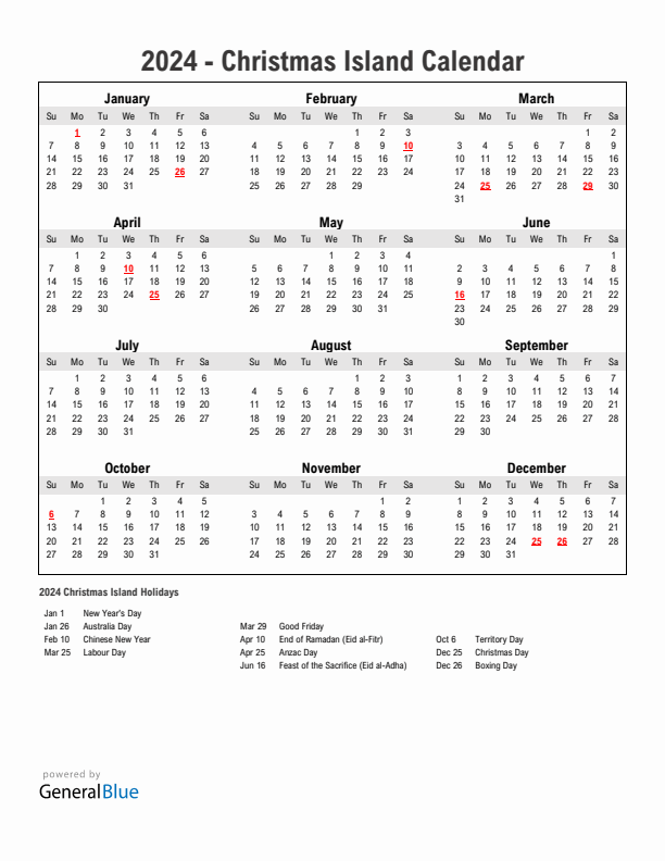Year 2024 Simple Calendar With Holidays in Christmas Island