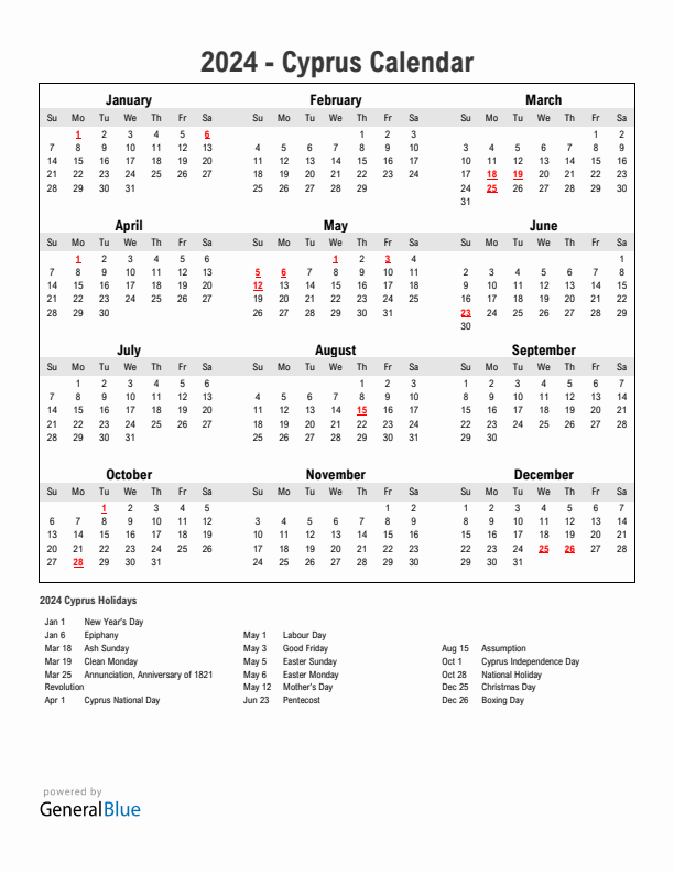 Year 2024 Simple Calendar With Holidays in Cyprus