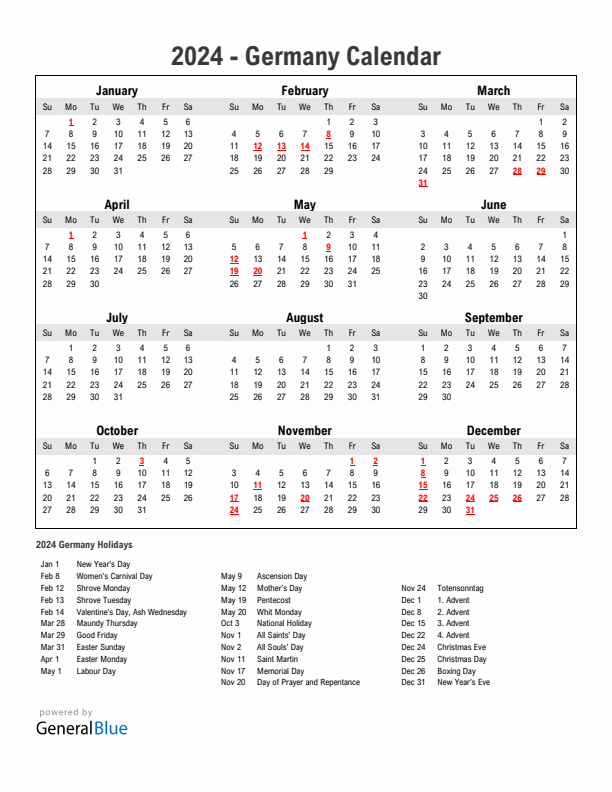 Year 2024 Simple Calendar With Holidays in Germany