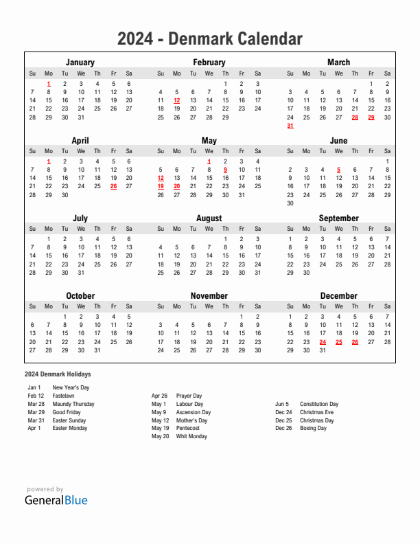 Year 2024 Simple Calendar With Holidays in Denmark