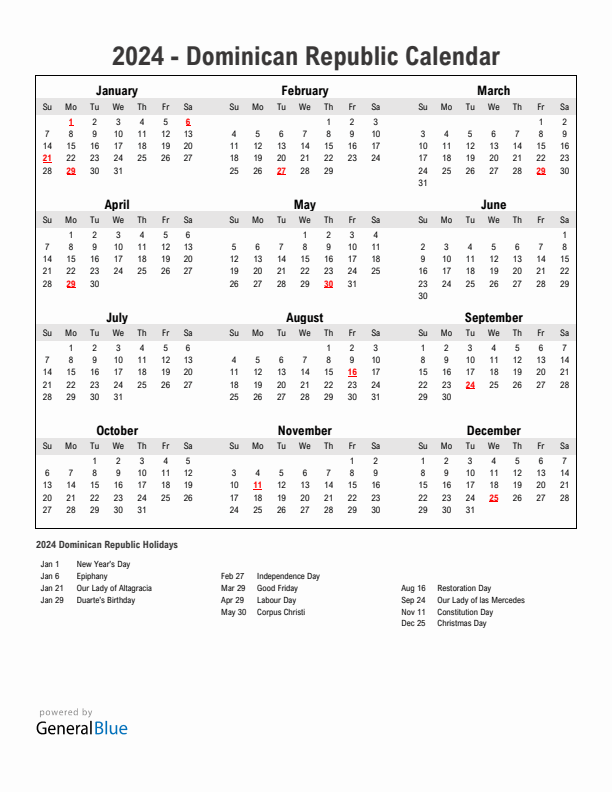 Year 2024 Simple Calendar With Holidays in Dominican Republic